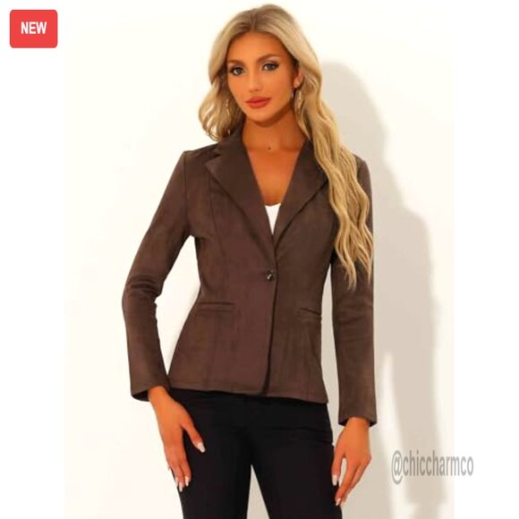 Faux Suede Blazer Lapel Collar Long Sleeve Office Work Jacket Chic Classic - Picture 4 of 5